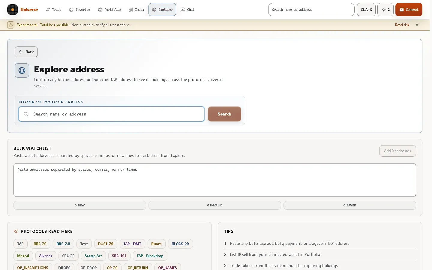 The Explore address page with an address search field, a bulk watchlist input, and the list of protocols this view reads.