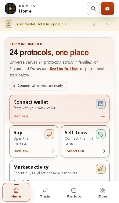 The home screen on a phone, with the headline, the start cards stacked vertically, and a bottom bar holding Home, Trade, Portfolio and More.