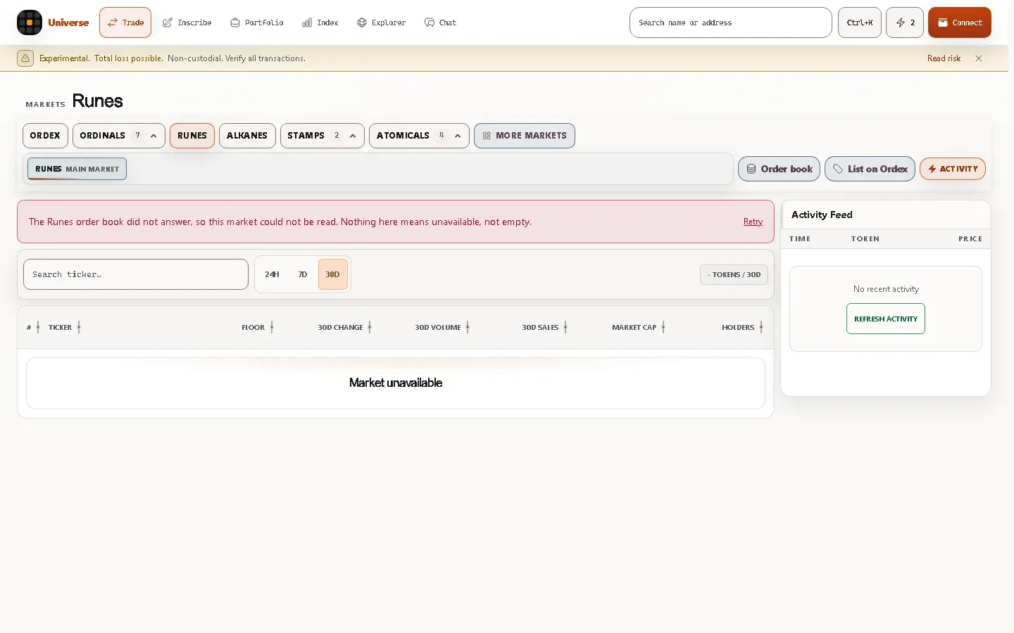 The Runes market showing a message that the order book did not answer so the market could not be read, with a retry link, and a table in a Market unavailable state rather than an empty table.