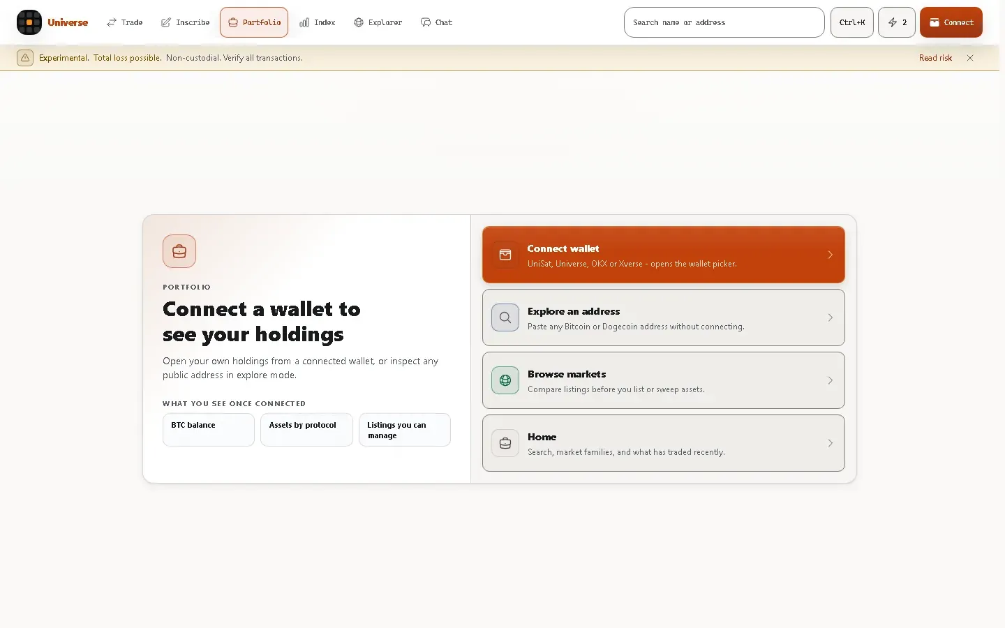 The Portfolio page before a wallet is connected, naming what connecting shows and offering four choices: connect, explore an address, browse markets, and home.