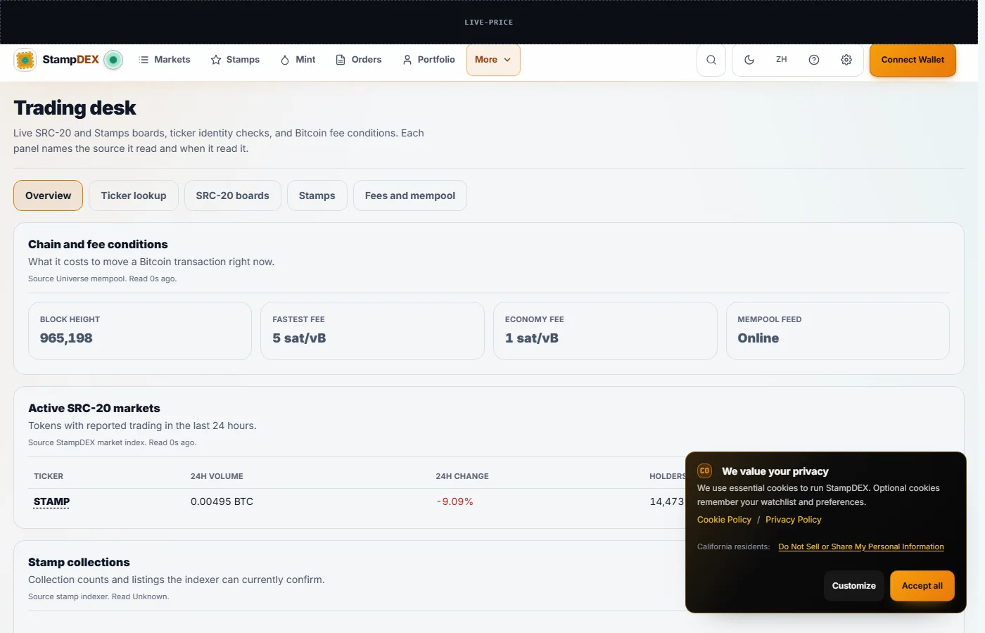 The StampDEX trading desk in the light theme: chain and fee conditions, active SRC-20 markets, and stamp collections on one screen.