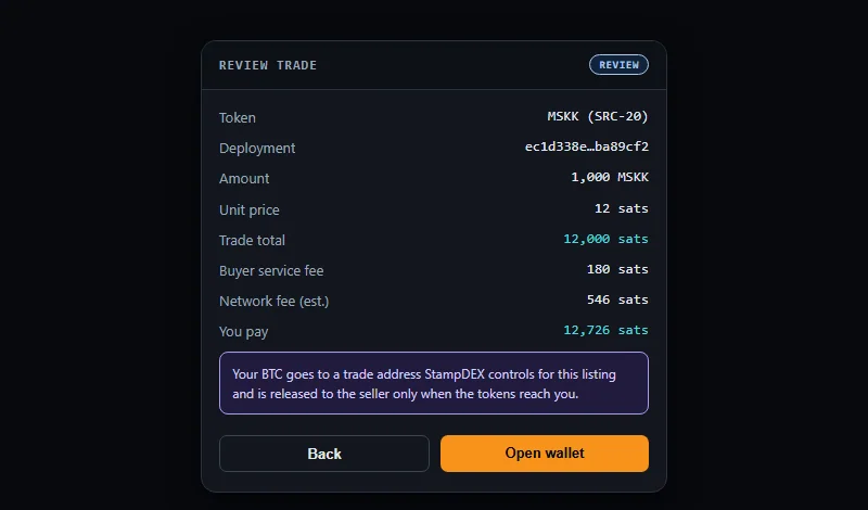 A controlled recording of the StampDEX buy review panel: token, amount, unit price, trade total, buyer service fee, estimated network fee, and the line saying where the BTC goes.