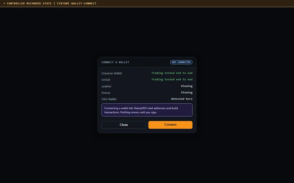 A controlled recording of the wallet connection screen listing Universe Wallet and UniSat as tested for trading, Leather and Xverse for viewing, and OKX Wallet as untested.