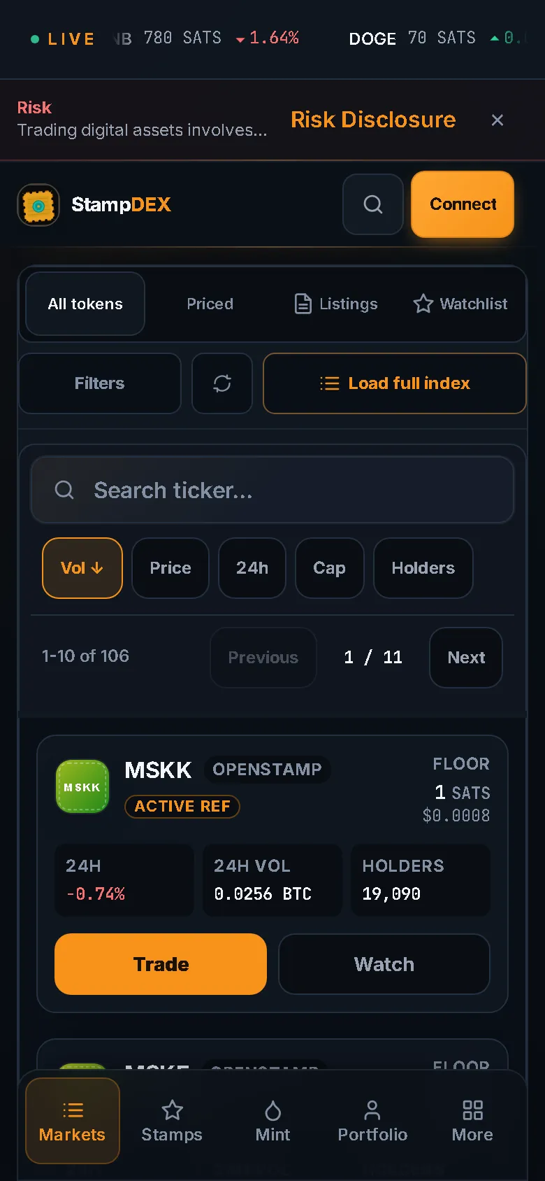 StampDEX on a phone, dark theme: the market board reflowed into a single column, with each token showing its ticker, floor, and volume stacked.