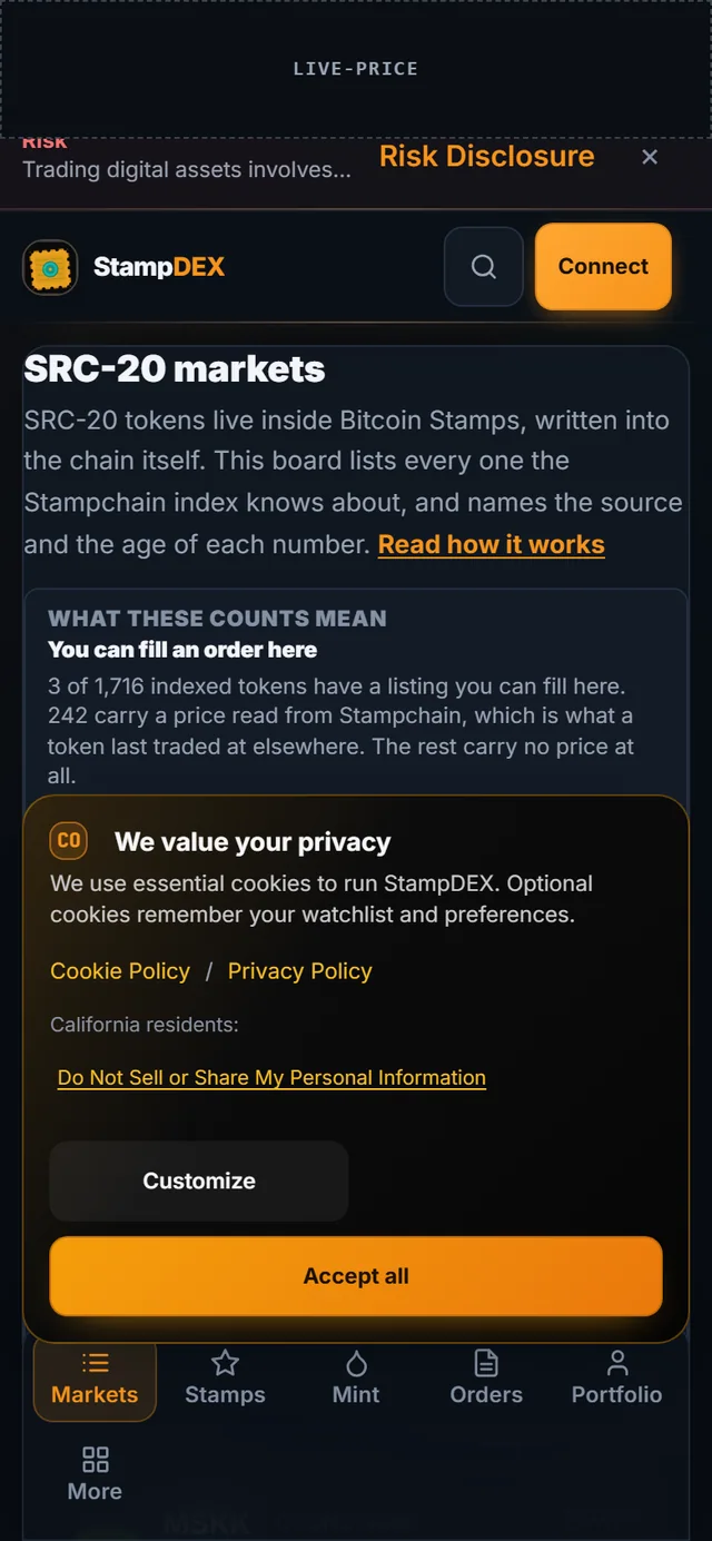 The StampDEX market board on a phone in the dark theme, with the token table and the bottom navigation bar.