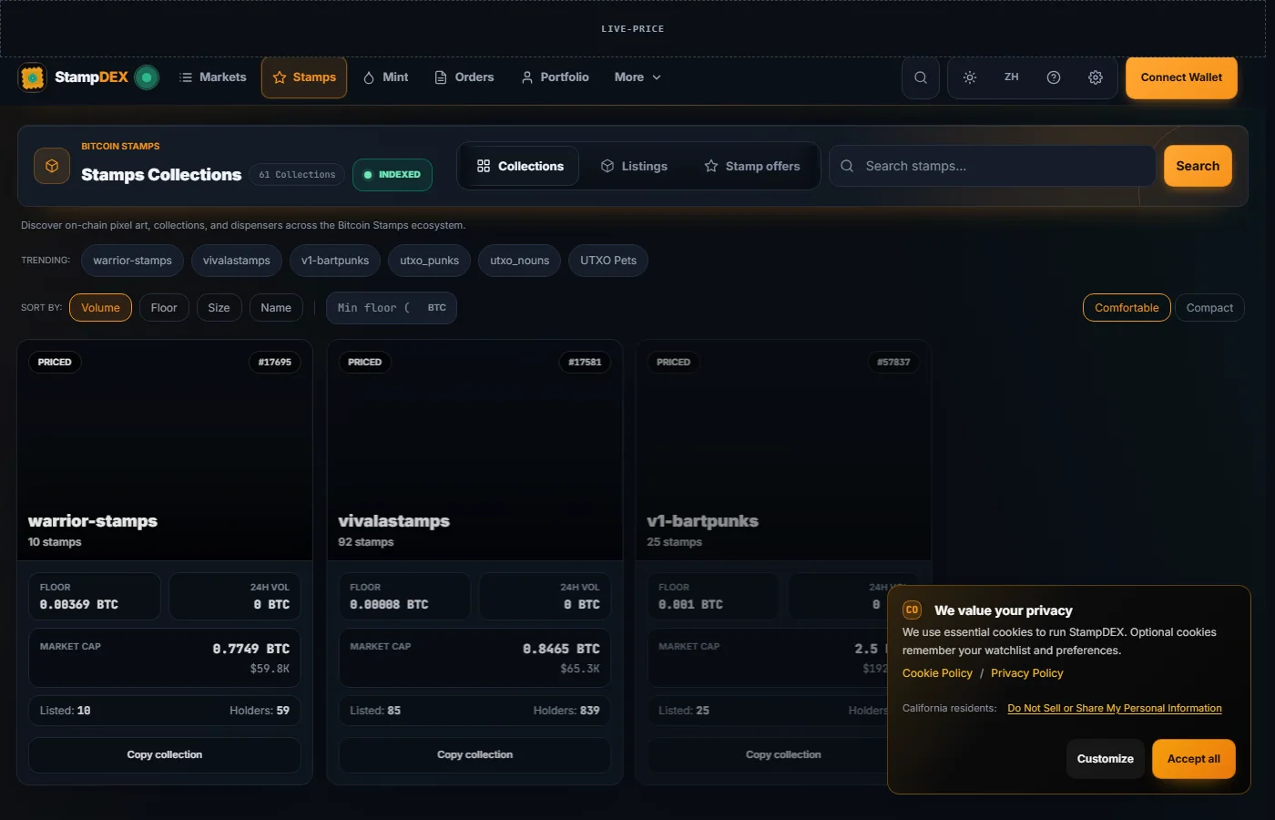 The StampDEX stamps gallery in the dark theme: a grid of Bitcoin Stamp collections with floor prices.