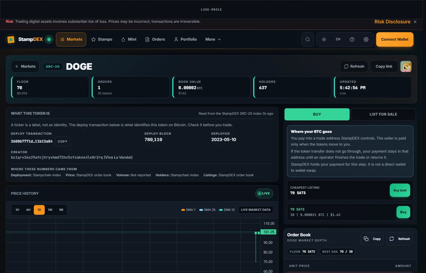 An SRC-20 token trading page for DOGE in the dark theme: what the token is, its reference price with its source, and the order book of signed listings.
