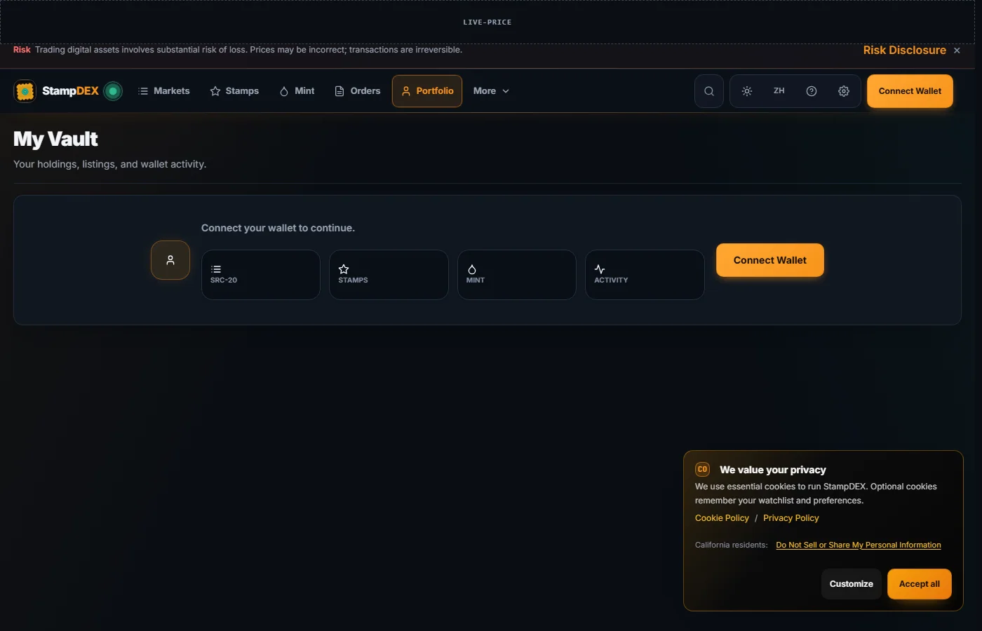 The StampDEX vault page in the dark theme with no wallet connected, showing the empty state that asks you to connect a wallet.