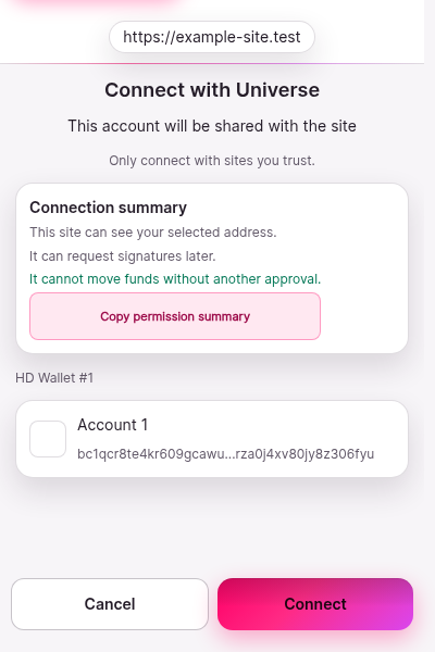 The approval window for a connection request. The requesting origin is shown as example-site.test, a clearly synthetic address. The request names the account access it wants. Approve and reject controls sit at the bottom, with reject as the safe default.