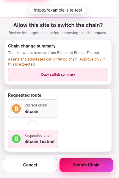 The approval window for a chain switch. The request states that the site example-site.test wants to switch the chain from the current value to Bitcoin Testnet. Approve and cancel controls sit at the bottom.