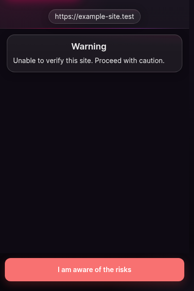 A full-window gate titled unable to verify this site. Body text explains that the wallet could not complete its site check and that the request is blocked until verification succeeds. No approve control is offered.