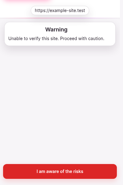 A full-window gate titled unable to verify this site. Body text explains that the wallet could not complete its site check and that the request is blocked until verification succeeds. No approve control is offered.