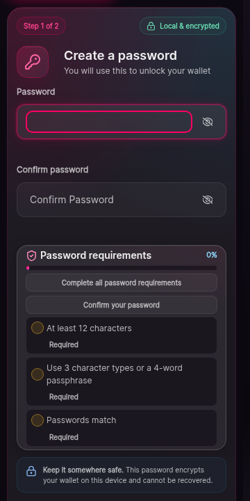 A two-field form titled Create a password. Both fields are masked. Helper text explains that the password is used to unlock the wallet on this device. A Continue button sits at the bottom and stays disabled until both fields are filled.