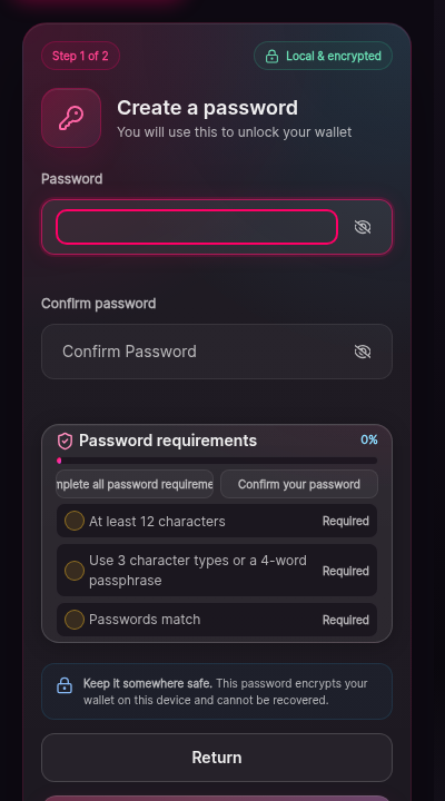 A two-field form titled Create a password. Both fields are masked. Helper text explains that the password is used to unlock the wallet on this device. A Continue button sits at the bottom and stays disabled until both fields are filled.