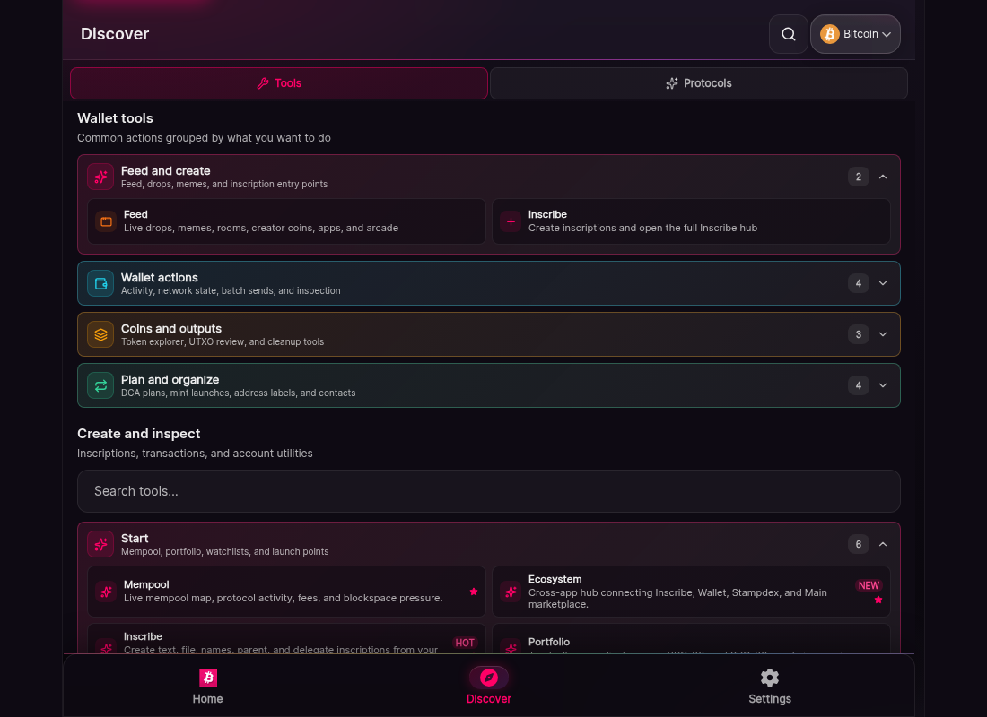 The discover hub screen. A grid of wallet tool cards covers portfolio analytics, the NFT gallery, and other utilities. Cards whose underlying operation is not authorized in this release render in a muted unavailable state.