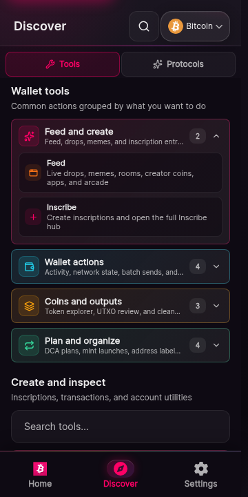 The discover hub screen. A grid of wallet tool cards covers portfolio analytics, the NFT gallery, and other utilities. Cards whose underlying operation is not authorized in this release render in a muted unavailable state.