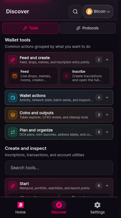 The discover hub screen. A grid of wallet tool cards covers portfolio analytics, the NFT gallery, and other utilities. Cards whose underlying operation is not authorized in this release render in a muted unavailable state.