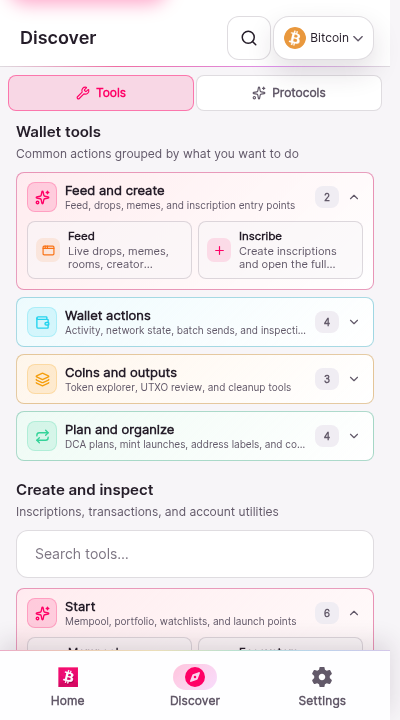 The discover hub screen. A grid of wallet tool cards covers portfolio analytics, the NFT gallery, and other utilities. Cards whose underlying operation is not authorized in this release render in a muted unavailable state.