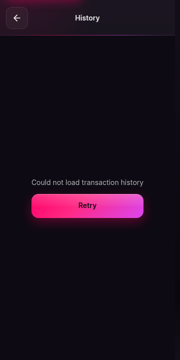 The activity screen showing a load failure. Text explains that transaction history could not be loaded and offers a retry control. No transactions are listed.
