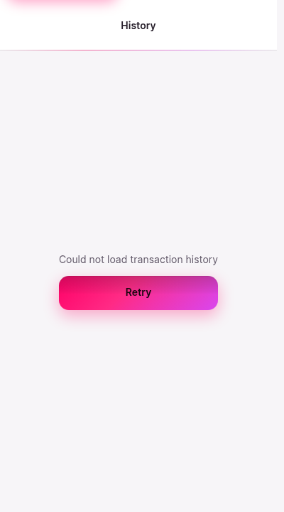 The activity screen showing a load failure. Text explains that transaction history could not be loaded and offers a retry control. No transactions are listed.