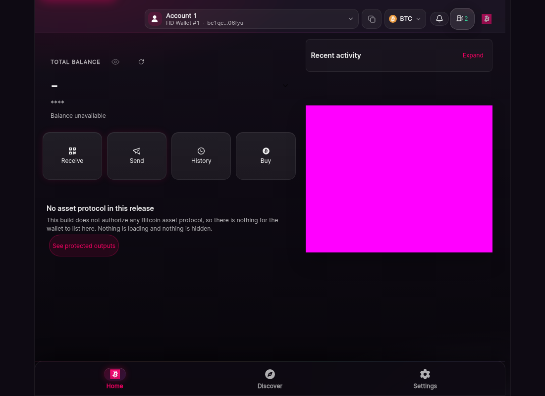 The home screen of Universe Wallet with a zero balance and no transaction history. A header shows the account name and the current network. The main area invites the user to receive their first funds. A protocol bar states that no protocol is authorized in this build.