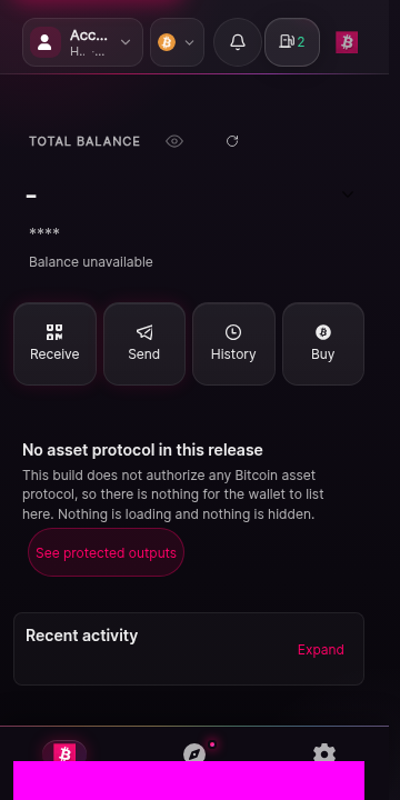 The home screen of Universe Wallet with a zero balance and no transaction history. A header shows the account name and the current network. The main area invites the user to receive their first funds. A protocol bar states that no protocol is authorized in this build.
