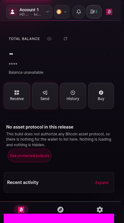 The home screen of Universe Wallet with a zero balance and no transaction history. A header shows the account name and the current network. The main area invites the user to receive their first funds. A protocol bar states that no protocol is authorized in this build.