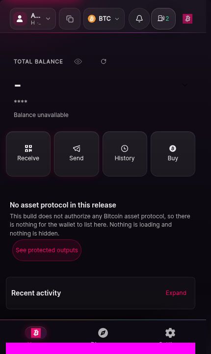 The home screen of Universe Wallet with a zero balance and no transaction history. A header shows the account name and the current network. The main area invites the user to receive their first funds. A protocol bar states that no protocol is authorized in this build.