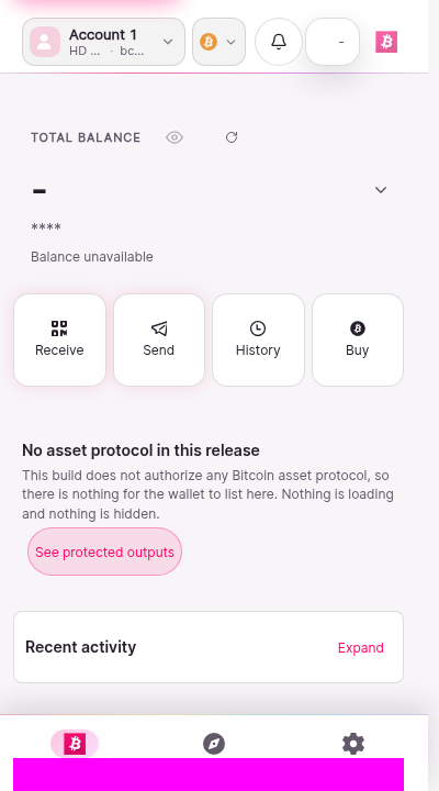 The home screen of Universe Wallet with a zero balance and no transaction history. A header shows the account name and the current network. The main area invites the user to receive their first funds. A protocol bar states that no protocol is authorized in this build.