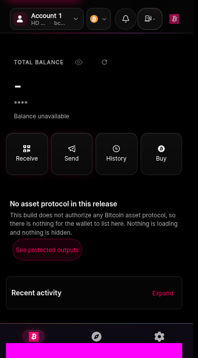 The home screen of Universe Wallet with a zero balance and no transaction history. A header shows the account name and the current network. The main area invites the user to receive their first funds. A protocol bar states that no protocol is authorized in this build.