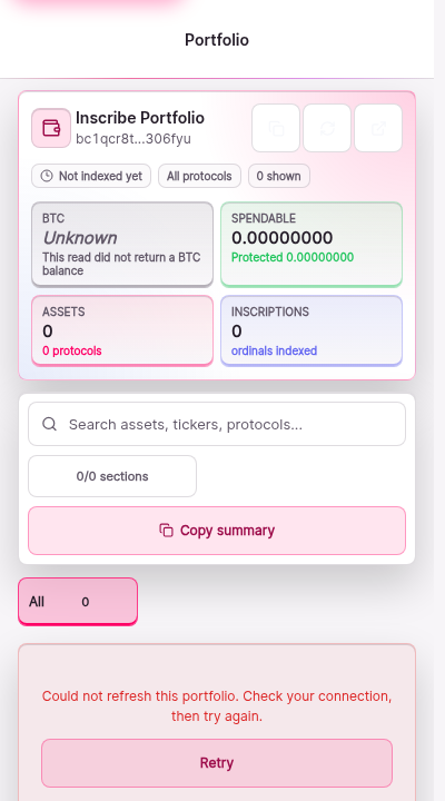 The portfolio analytics screen in its offline state. The header reads Portfolio. The chart area shows an explicit unavailable state rather than an empty chart.