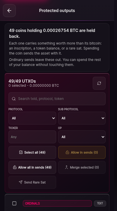 The protected outputs screen populated from the synthetic fixture. Each row lists an output, the amount held back, and the reason it is held. A summary line totals the held amount.