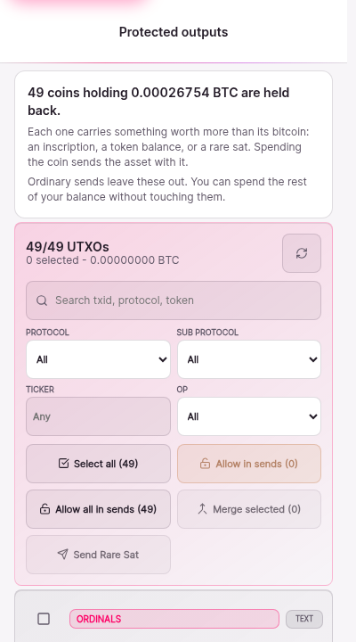 The protected outputs screen populated from the synthetic fixture. Each row lists an output, the amount held back, and the reason it is held. A summary line totals the held amount.