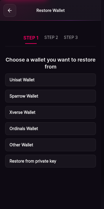 A selection screen listing import sources as radio cards. The Unisat Wallet card is highlighted because the walk selected it. Each card names a source and a short description of what it imports.