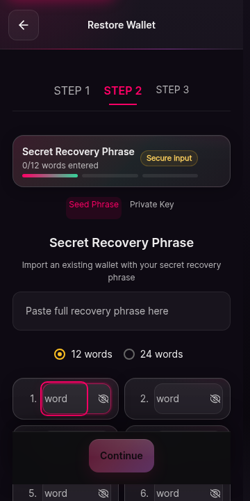 A grid of twelve input boxes, one per recovery word, shown with masked characters because secure input is enabled. A toggle labelled secure input controls masking. A Continue button sits at the bottom.