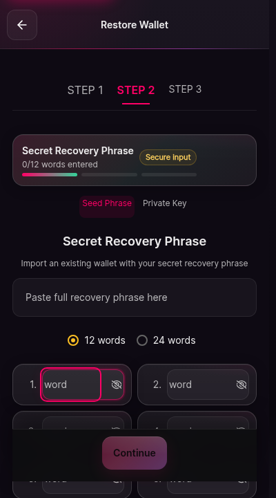 A grid of twelve input boxes, one per recovery word, shown with masked characters because secure input is enabled. A toggle labelled secure input controls masking. A Continue button sits at the bottom.