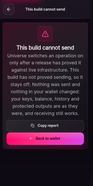 The send screen in its fail-closed state. Instead of a transfer form, a panel explains that this build cannot send because its release authorizes no sending operation. No address field, amount field, or approve control is shown.