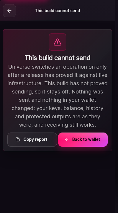 The send screen in its fail-closed state. Instead of a transfer form, a panel explains that this build cannot send because its release authorizes no sending operation. No address field, amount field, or approve control is shown.