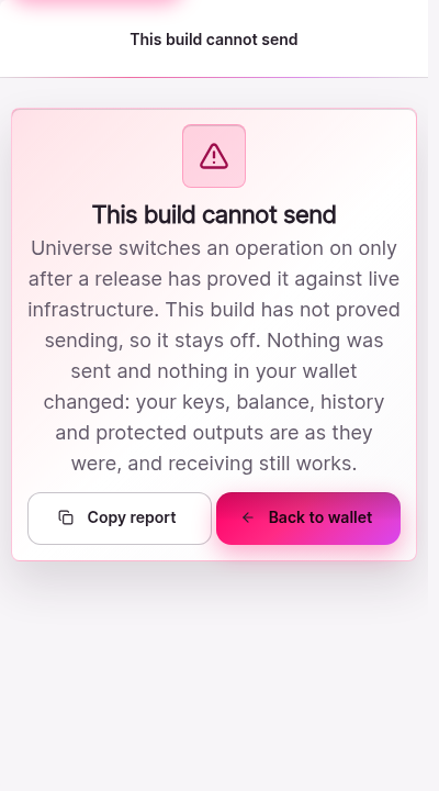 The send screen in its fail-closed state. Instead of a transfer form, a panel explains that this build cannot send because its release authorizes no sending operation. No address field, amount field, or approve control is shown.