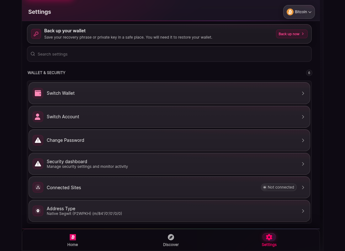 The settings screen. Sections list backup status with a call to back up the wallet, security entries, appearance, network, and about information with the wallet version.