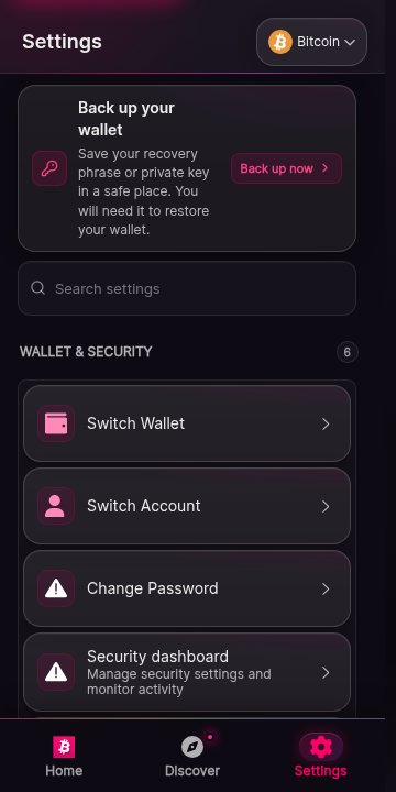 The settings screen. Sections list backup status with a call to back up the wallet, security entries, appearance, network, and about information with the wallet version.