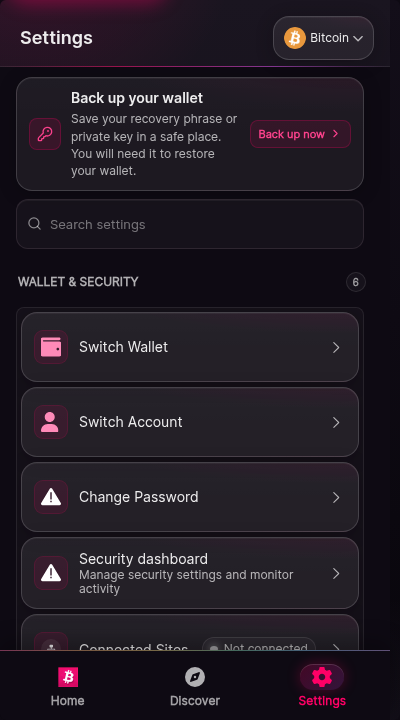 The settings screen. Sections list backup status with a call to back up the wallet, security entries, appearance, network, and about information with the wallet version.