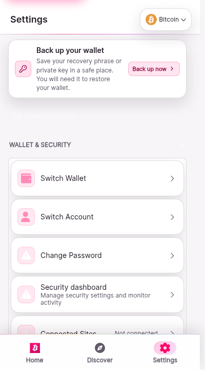 The settings screen. Sections list backup status with a call to back up the wallet, security entries, appearance, network, and about information with the wallet version.