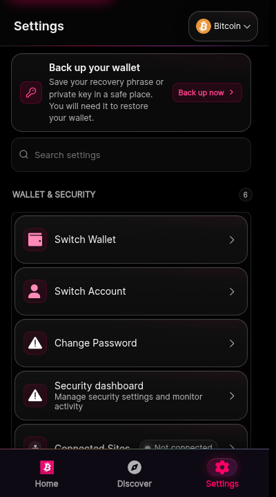 The settings screen. Sections list backup status with a call to back up the wallet, security entries, appearance, network, and about information with the wallet version.