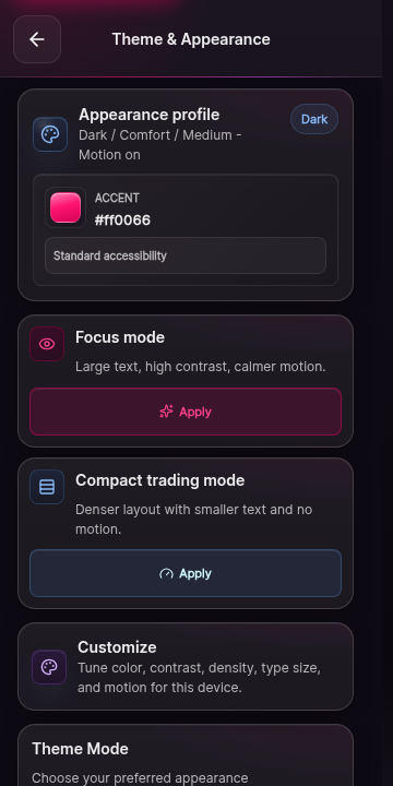 The appearance screen. Three appearance profiles are offered as selectable cards: light, dark, and OLED black. The currently selected profile is marked.