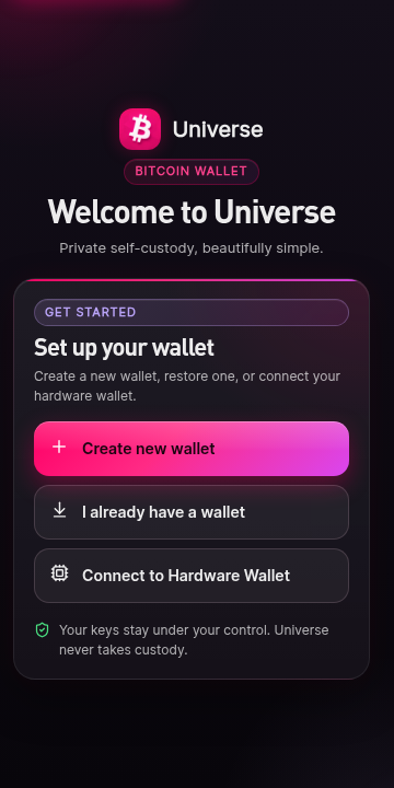 Universe Wallet welcome screen on a dark background. The wallet wordmark sits above text welcoming the reader, and two actions are offered: create a new wallet, or import an existing wallet. A short line under the actions explains that keys are stored on this device.