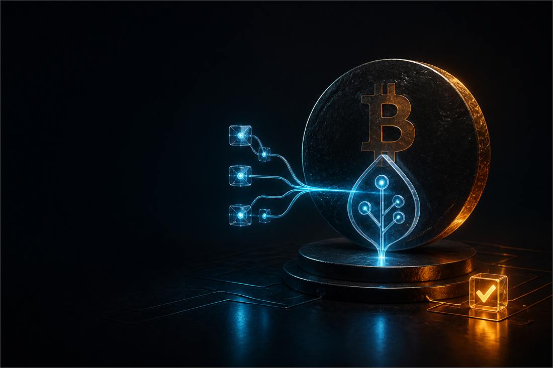 A dark studio scene: a bronze Bitcoin disc on a metal plinth with a glowing translucent droplet in front of it, linked by light lines to small illuminated cubes and a checkmark tile.