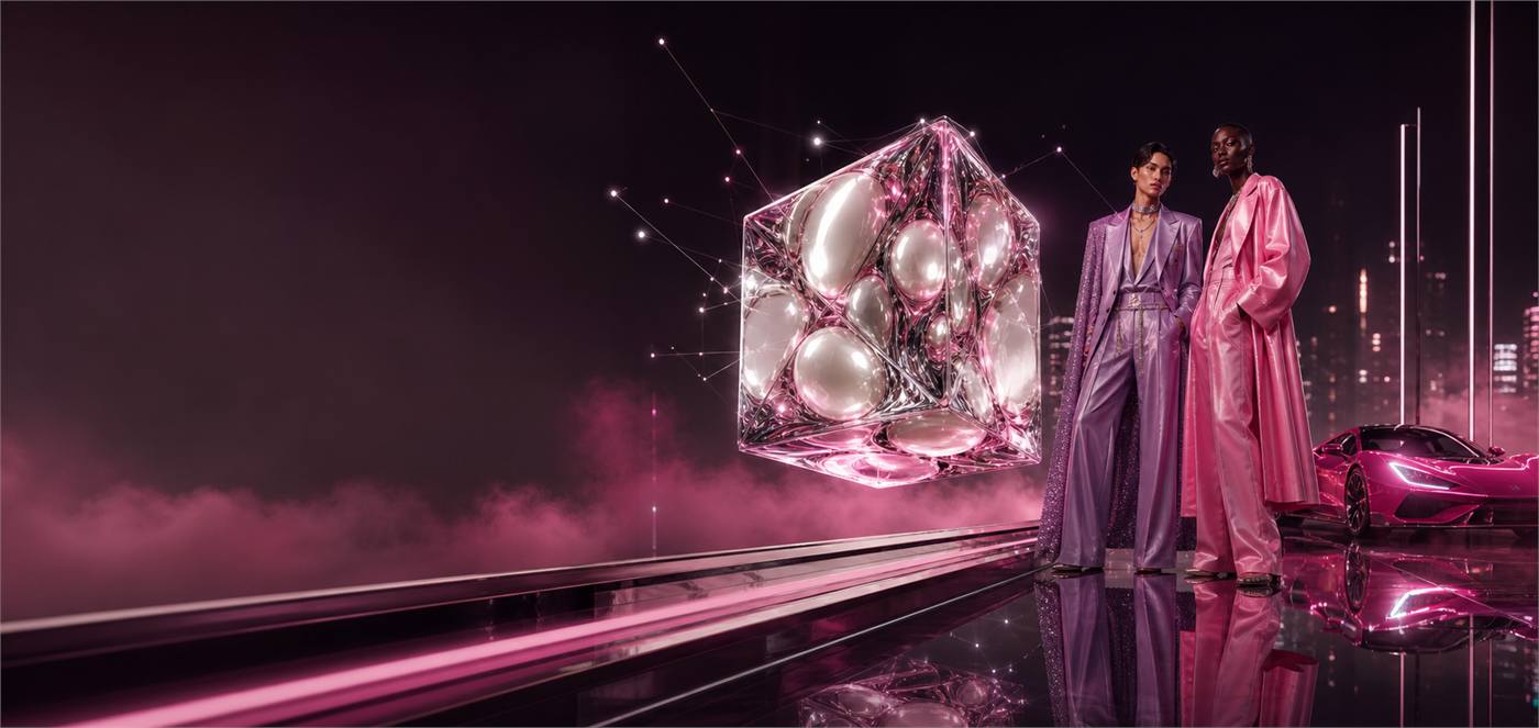 A faceted glass cube holding pearl spheres floats above a mirrored magenta runway, with two people in iridescent couture and a night skyline behind them.