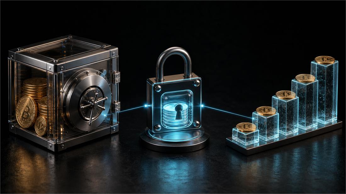 A dark studio still life: a glass-fronted vault of coins on the left, an illuminated padlock in the centre, and a rising row of glass blocks on the right, connected by thin light lines.