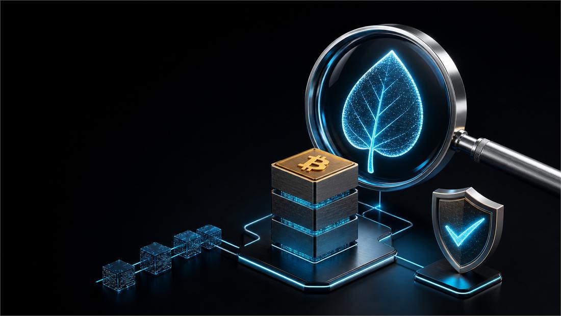 A dark studio scene: a magnifying glass over a glowing droplet outline, a stack of illuminated ledger blocks with a bronze Bitcoin disc on top, a chain of small blocks, and a shield bearing a checkmark.